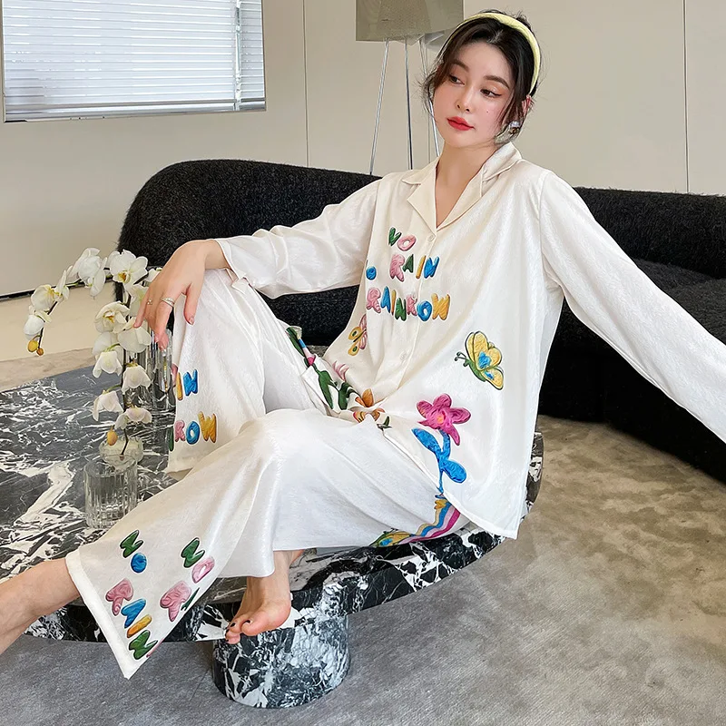Pajamas women's new long-sleeved trousers imitation silk suit sweet home clothes women pajamas
