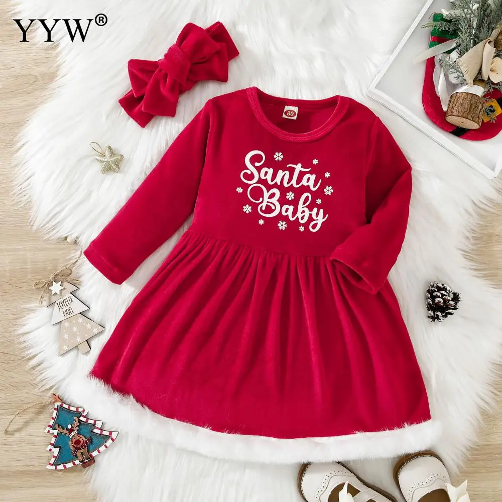 

Red Baby Girl Christmas Princess Dresses Full Sleeve O Neck Ball Gowns Santa Print Warm New Year Vestidos Kids Clothes 1-5 Years