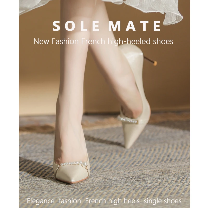 SOLEMATE New Wedding Shoes Bridal Shoes Temperament High Heel Shoes Female Daily Wearable Pointed Pearl Single Shoes Female