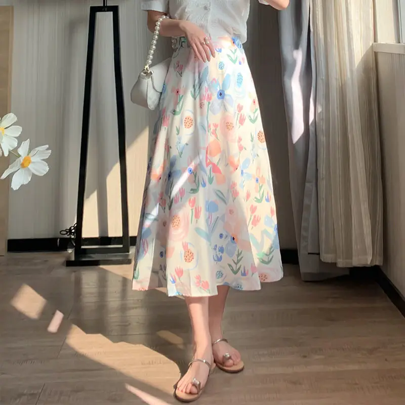 

2022 Women's Summer New High Waist Chiffon Skirts Female Casual Floral Printed Skirts Ladies Long Loose A-line Skirts R185
