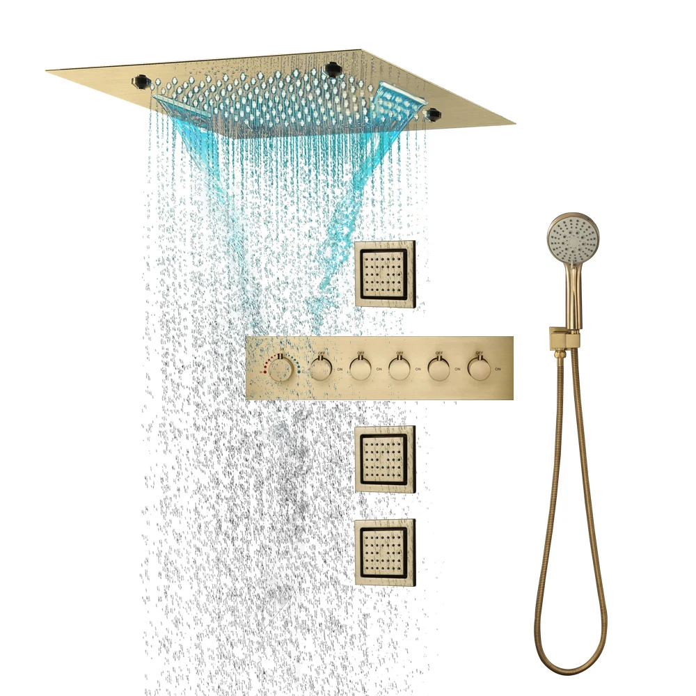 

Modern Large 20 Inches Brushed Gold Shower System Thermostatic Faucets Brass Valve Bathroom Rain Showerheads Set Smart Music SPA