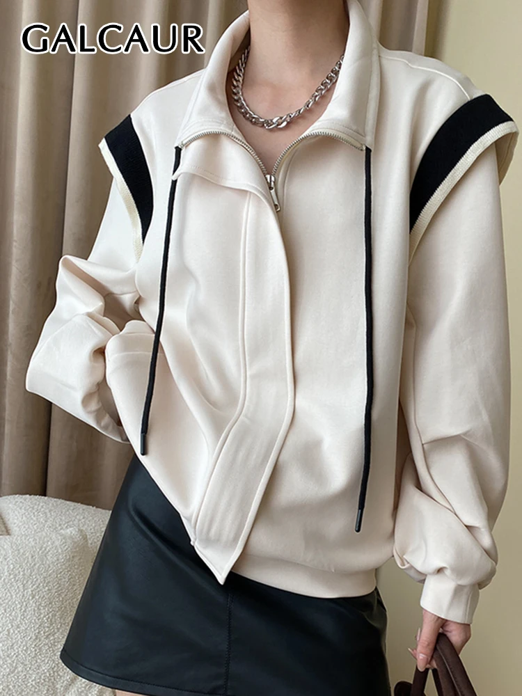 

GALCAUR Streetwear Hit Color Coats For Women Lapel Long Patchwork Zipper Minimalist Loose Coat Female Autumn Fashion Clothing