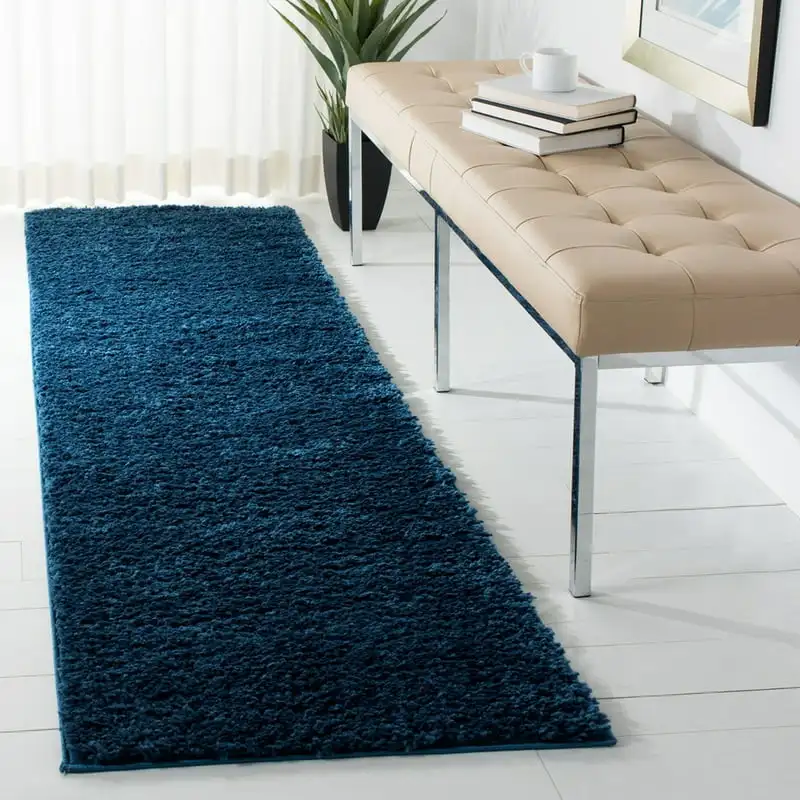 

Delightful Carlene Solid Navy Plush Shag Rug, 2'3" x 12' Runner, Ideal for Home Decor.