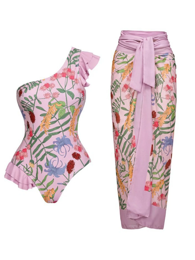 

One Piece Swimsuit Women 2023 New Print Ruffle One Shoulder Swimwear Bodyauit Monokini Summer Beach Cover Bathing Suit Female