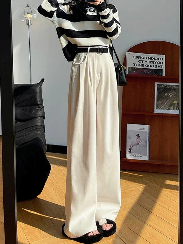 Женские вельветовые брюки цвета хаки с флисовой подкладкой весна 2024 широкие