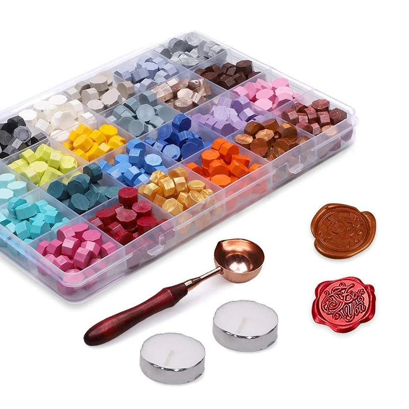 

New 600Pcs Sealing Wax Beads Vintage Wax Seal Kit With 2 Pcs Tea Candles And Wax Spoon Creative Gift (24 Color)