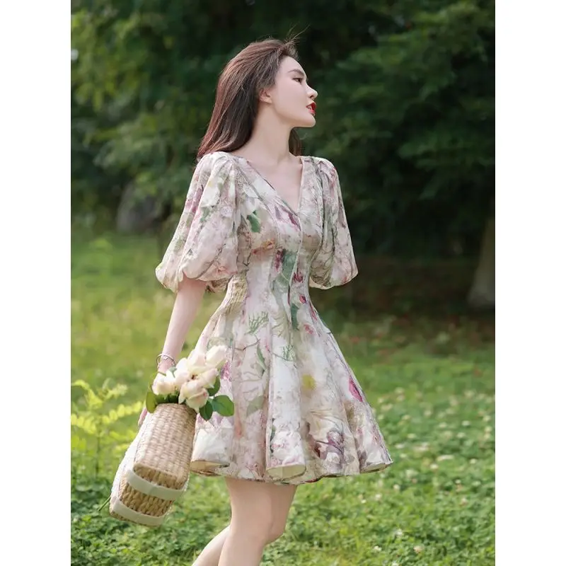 

Dresses Women Tender Summer Stylish V-neck Female Ruffles Beach Wear Floral Printing Korean Ladies Charm New Mini Vestidos J96