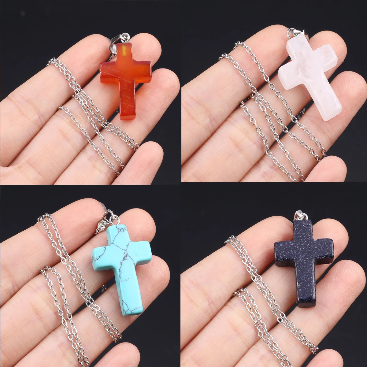 

1 PCS Natural Stone Amethyst Agate Turquoise Jade Cross Shape Pendant Necklace Metal Chain Jewelry Charm Gift 25x18mm