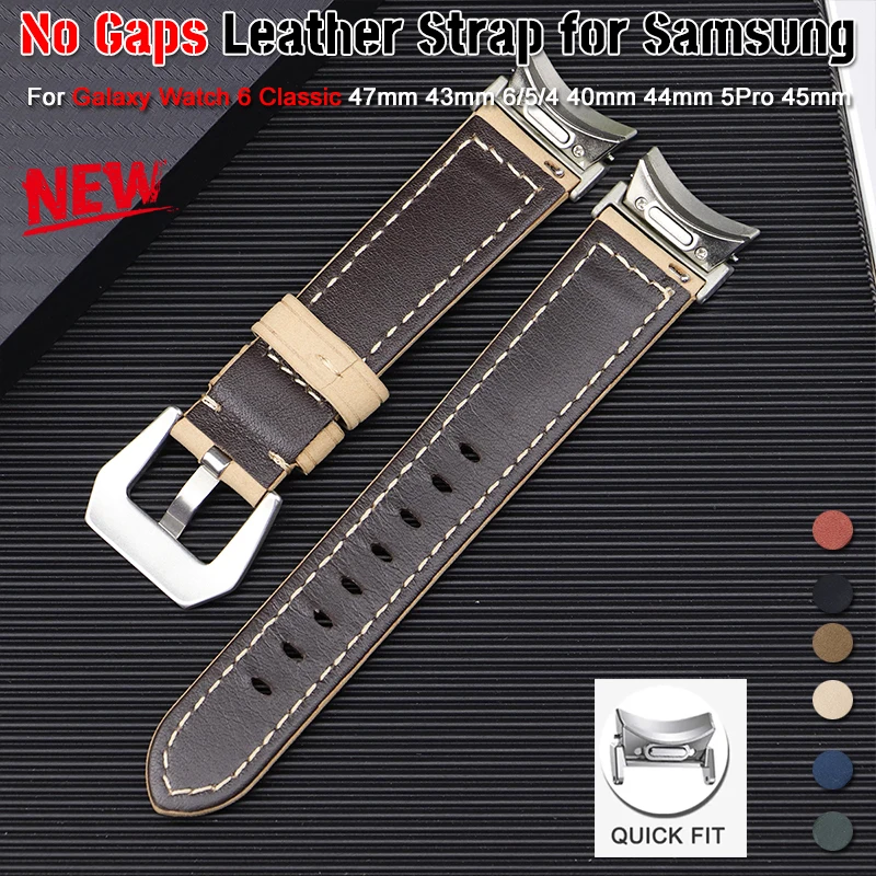 

No Gaps Genuine Leather Strap for Samsung Galaxy 6/4 40 44mm 6 Classic 47mm 43 42 46mm Quick Fit Band for Galaxy Watch 5Pro 45mm