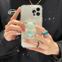 3d korea cartoon bear ring holder stand transparent soft phone case for iphone 13 12 11 pro max mini xr x xs 6 7 8 plus se cover
