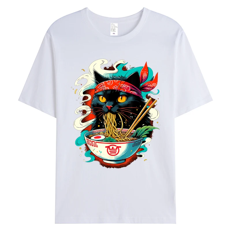 Фото Футболка Cat Ramen Noodle японского аниме Kawaii Cats, мужская футболка из хлопчатобумажной ткани с принтом, футболки, мужская одежда, повседневная посадка, скидка №2