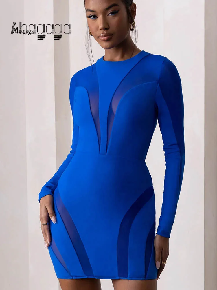 

AHAgaga Streetwear O-neck Long Sleeve Party Dress Woman Casual Mesh Zipper Bodycon Dresses Woman Solid See Through Female Robes