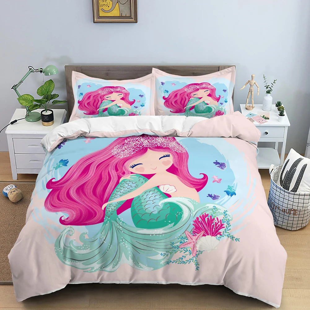 

Комплекты постельного белья с русалкой из мультфильма, милые пододеяльники для девочек, комплект постельного белья King Queen Size с наволочкой для декора детской спальни