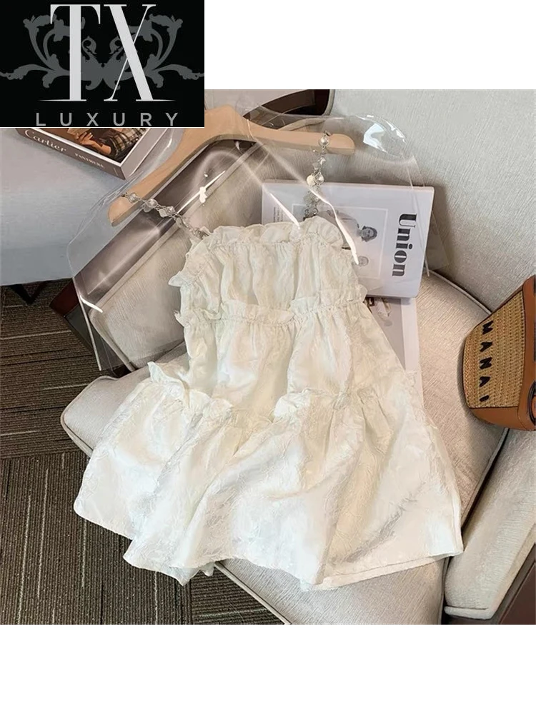 

2022 Women Summer Elegant Mini Pleated Prom Dress Spaghetti Strap Sweet Fluffy Aesthetic Frocks Design A-line White Chic Kawaii