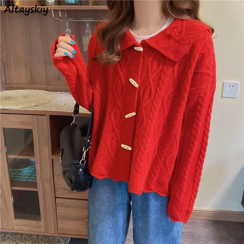 

Cardigan Women Knitting Solid Turn Down Collar Simple All-match High Quality Fashion Long-sleeve Thicker Leisure Warm Elegant