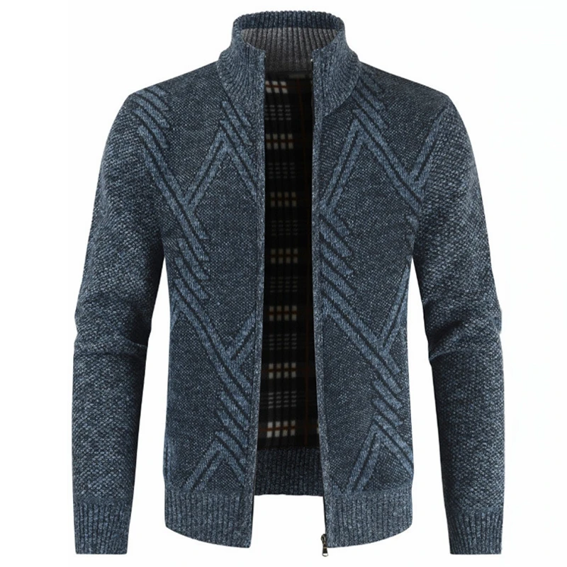 Autumn Winter Knitted Sweater Coat Men Geometry Pattern Loose Cardigan Coat Men's Casual Long Sleeve Zipped Stand Collar Sweater