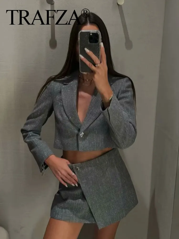TRAFZA 2024 женские летние серые шорты комплект в стиле ретро блейзер на одной