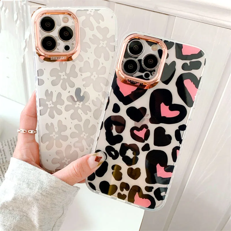 

Soft Plating Fashion Leopard Love Heart Flower Silicone Phone Case For iPhone 13 12 11 Pro Max X XR XS 7 8 Plus SE 2020 Bumper