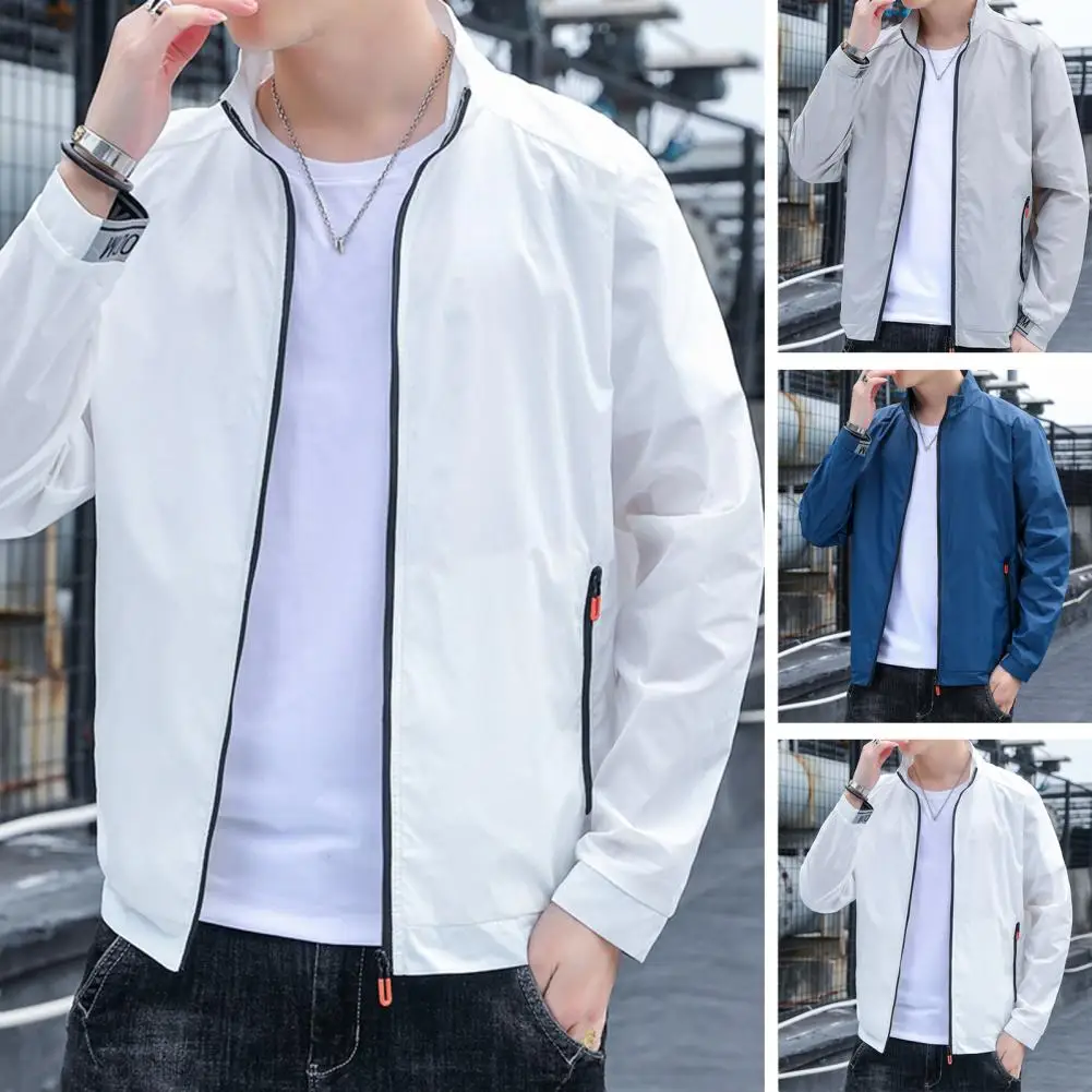 

Men Jacket Long Sleeve Pocket Zipper Solid Color Stand-up Collar Elastic Cuff Men Sunscreen Coat Men Clothes Motorcycling Tops