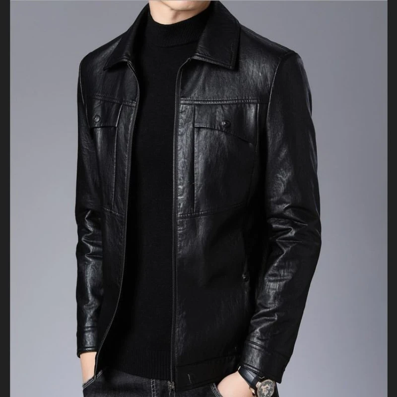 

Man Motorcycle Real Zipper Leather Jacket Men Vintage Fleece Warm Pocket Coat Male Autumn Outwear Jackets G72