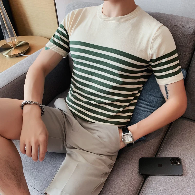 

2023 Men's Summer Striped Knit T-shirt High Quality Ice Silk Leisure Round Collar Short Sleeve T-shirt Man Tees Clothing 4XL