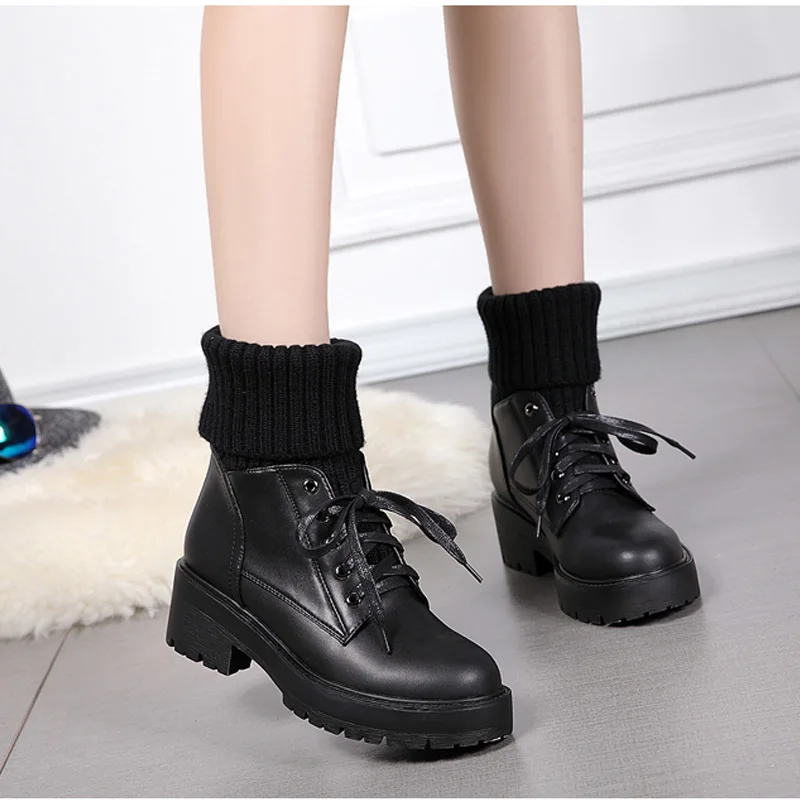 Shoes for Women Winter Fashion Knitting Velvet Ankle Boots Women Korean Lace-up Platform Botas Warm Square Button Botas De Mujer