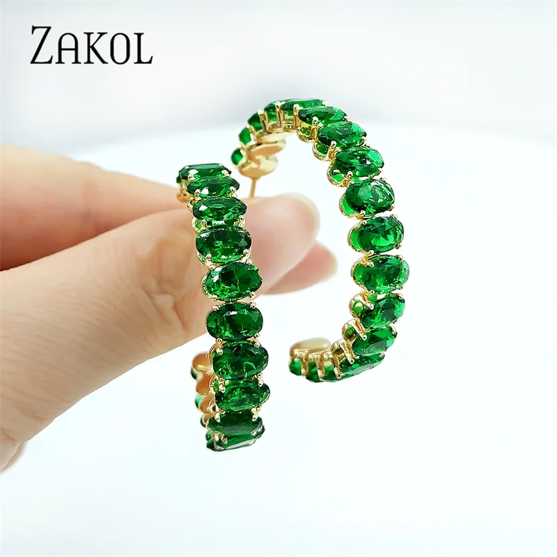 

ZAKOL Роскошные геометрические круглые серьги-гвоздики с круглыми овальными зелеными кристаллами CZ для женщин, вечерние ювелирные украшения ...