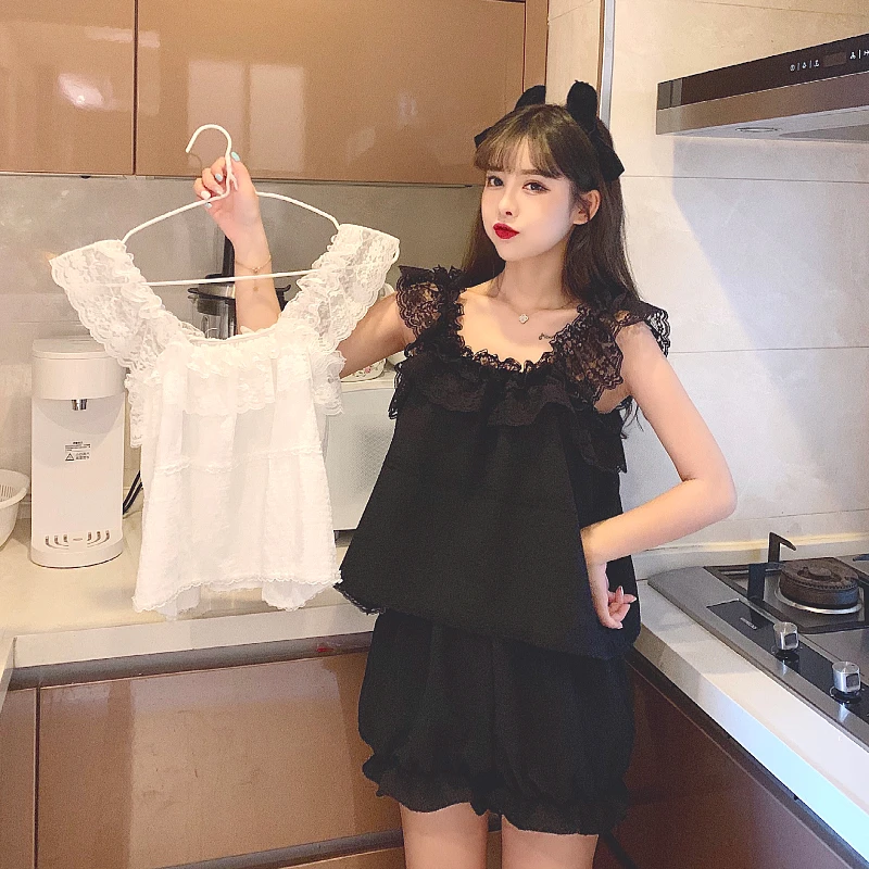 Pajamas Women's Summer New Bubble Cotton Lace Korean Version Sexy Sling Two-piece Set Home Clothes