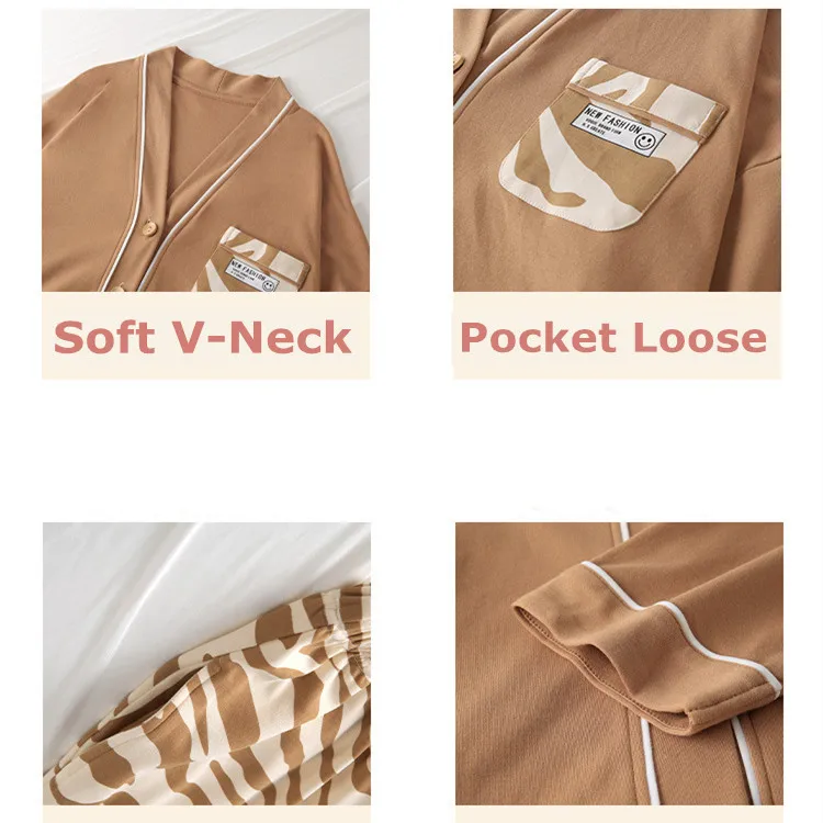 Yasuk Spring Autuum Fashion Women's Casual Print Pocket Sleepwear Homewear Lovely Pajamas Set With Pants Soft Cotton Leopard