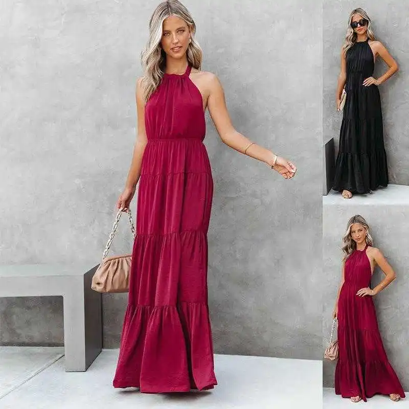 

Summer Elegant Halter Long Solid Color Dress Tiered For Women