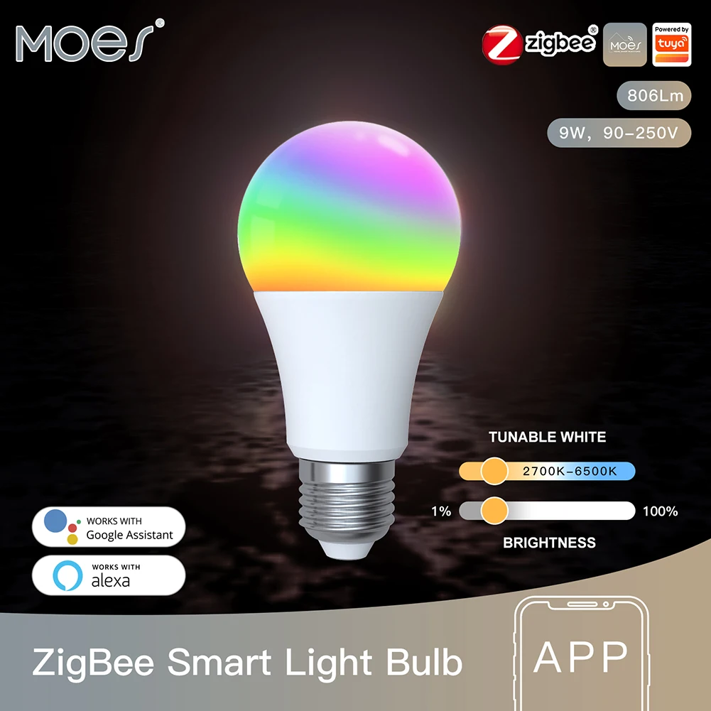 

Tuya Zigbee Smart Dimmable Bulb 9W AC90-240V LED Light Bulb RGB E27 Dimmable APP Remote Control Support Alexa Google Home Alice