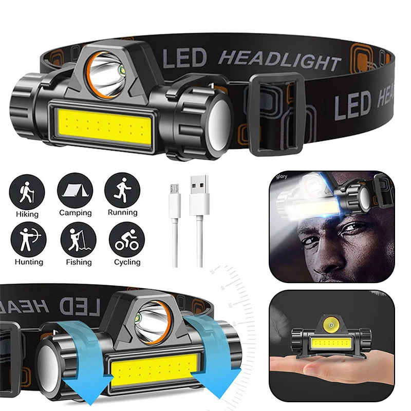 

XPE + COB аварийные головные лампы, мини USB Многофункциональный Головной фонарь, перезаряжаемый, плавное затемнение с головной повязкой для ноч...