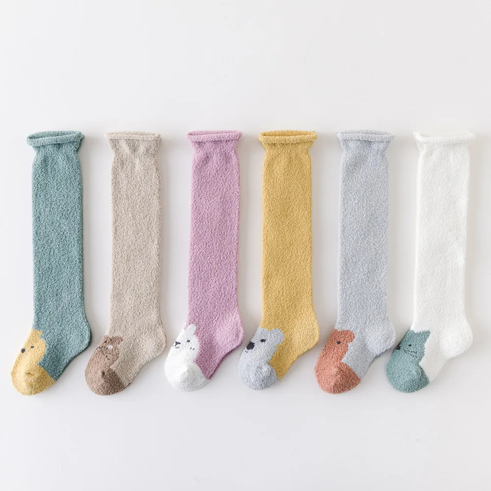 

2022 Autumn/Winter New Thickened Baby Socks with Rolled Edges Cartoon Animal Head Coral Velvet Baby Long Socks