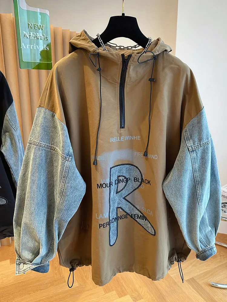 Очень большой размер 300 фунтов европейская ниша свободная джинсовая толстовка с