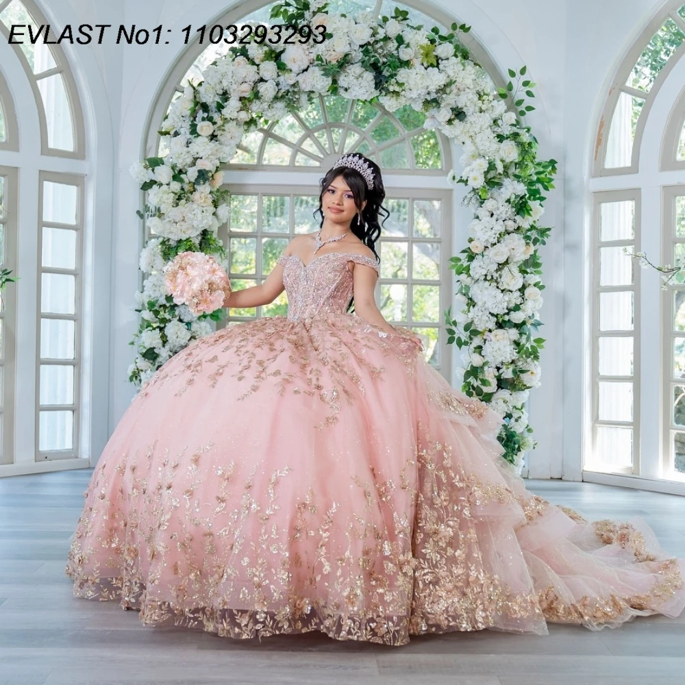 EVLAST индивидуальное мексиканское розовое платье Quinceanera бальное с золотой