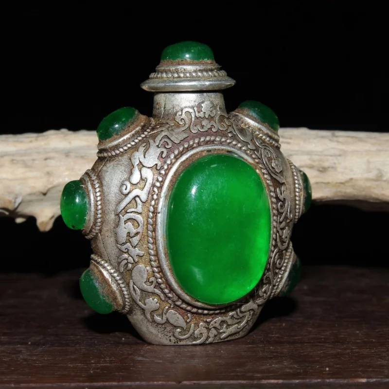 

China Old Tibetan Folk Silver Inlaid With Greenstone Jade Snuff Bottle