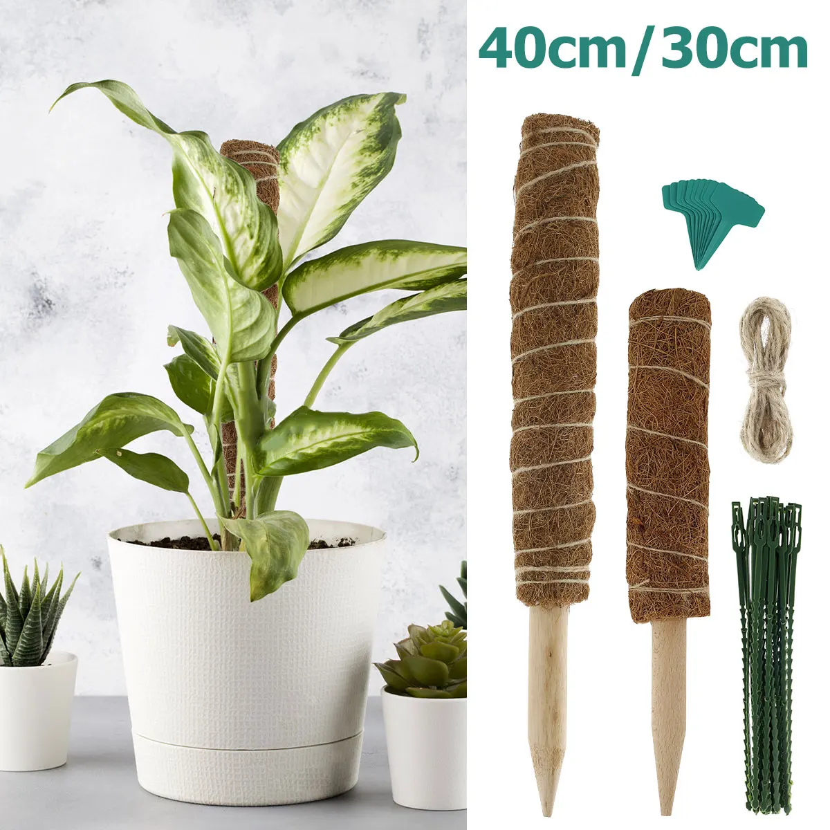 

2pcs Moss Pole 30/40CM Coco Coir Plant Sticks with Plant Ties and Labels Garden Moss Support Pole Plant Support Extension