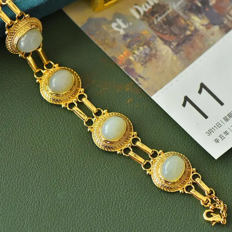

Натуральный белый нефритовый золотистый браслет, Женский лечебный драгоценный камень, Изящные Ювелирные изделия, подлинные медные браслеты из нефрита