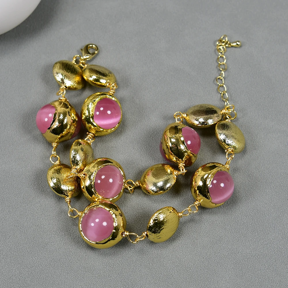 Браслет-цепочка с золотым покрытием кошачий глаз 2 ряда