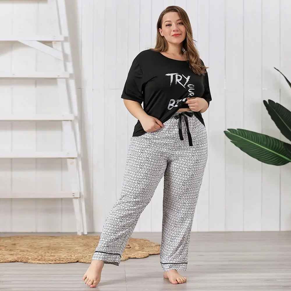  Women's Pajamas Summer Sets Shorts Sleeve O-neck Tshirt Printed Lace-up Straight Trousers Lounge Wear Women Clothing