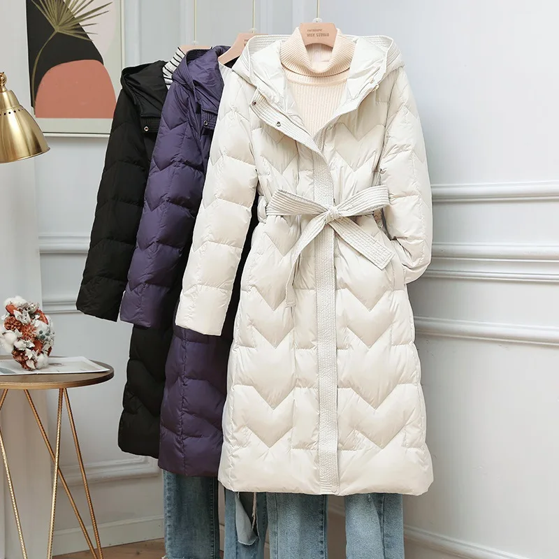 Lightweight Down Jacket Hooded Women's Mid-length Autumn Winter Korean Fashion Coats Slim Elegant Belt Long Sleeve Trench Jacket