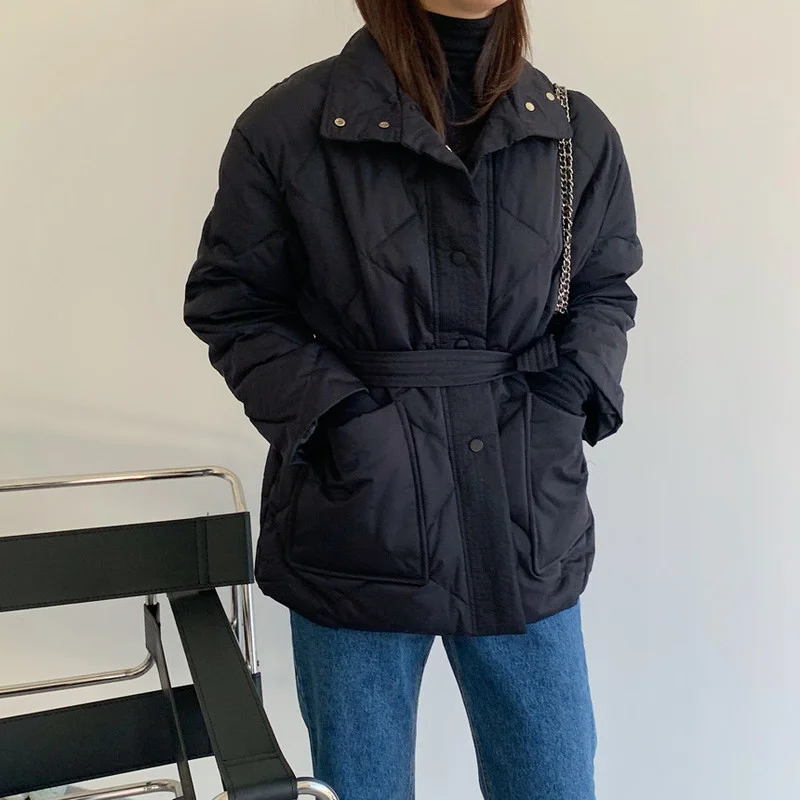 Winter Thickened Diamond Check Cotton Padded Jacket Single-breasted Zipper Tie-up Parka Coat Stand-up Collar Female Jacket