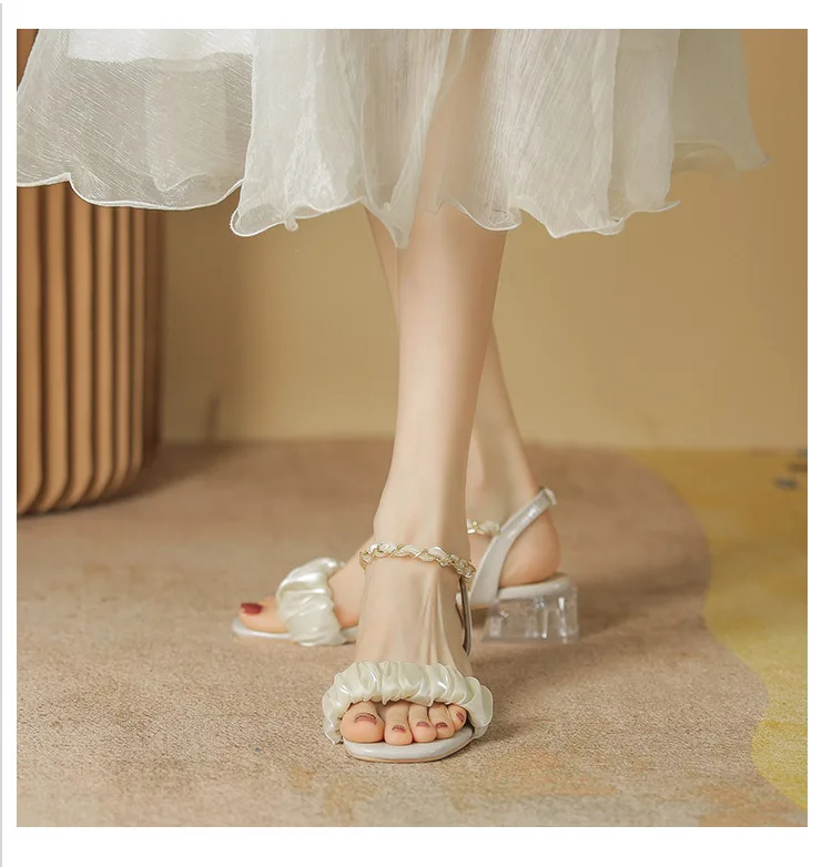 Sandals Women Summer New Crystal Thick Heel Fairy Wind Sandals Women Fold Clouds Buckle Sandals Women Shoes 41-4