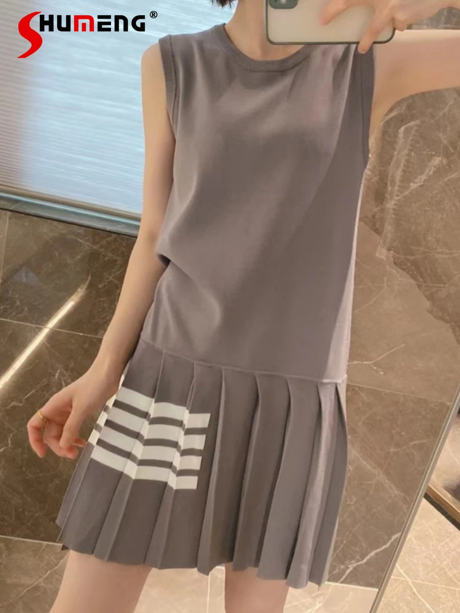 

2022 Summer New Preppy Style Dress Women's Sleeveless Casual Pleated Dress Knitted Round Neck Slimming Mid-length Vest Dress