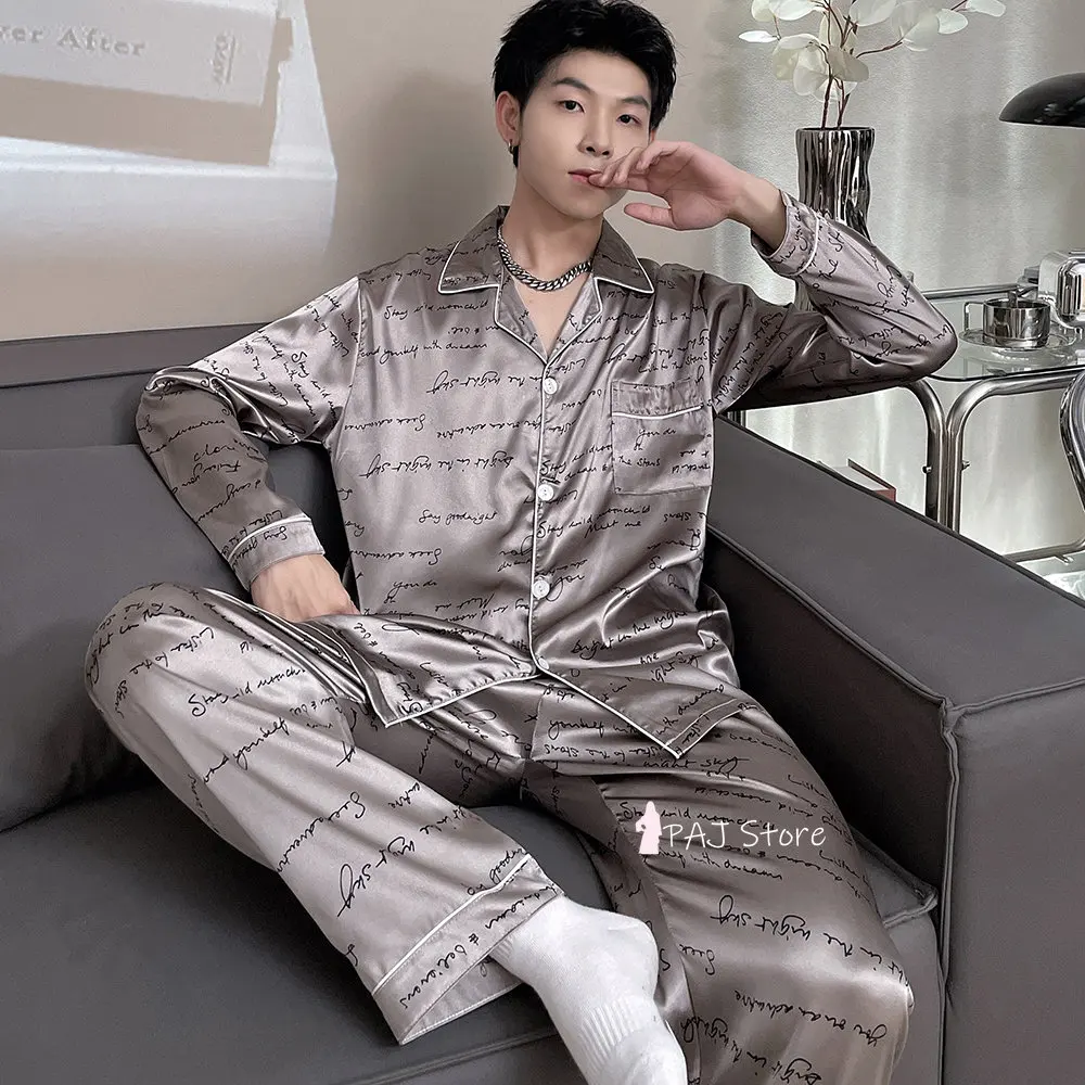 Men Silk Satin Pajamas Set Pajama Man Sleepwear Set Large Size  Long Sleeve Loungewear Oversize Pajamas 7XL Pyjamas Home Suit