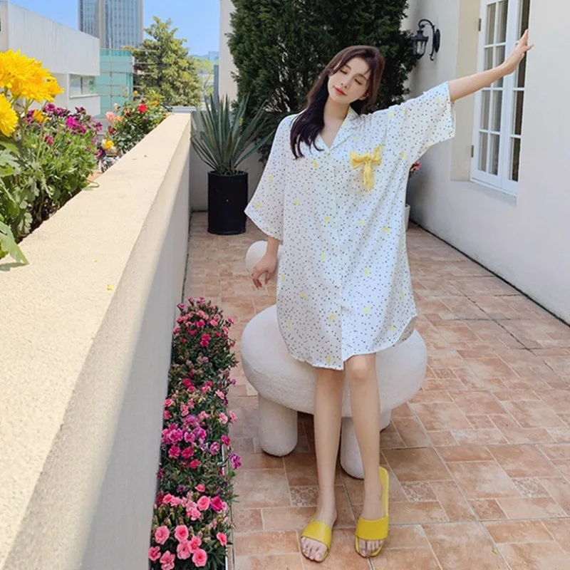 2022 Ice Silk Nightdress Women Summer Print White Bow Pajamas Silk Loose Plus Size Homewear Nightdress Nighty for Ladies