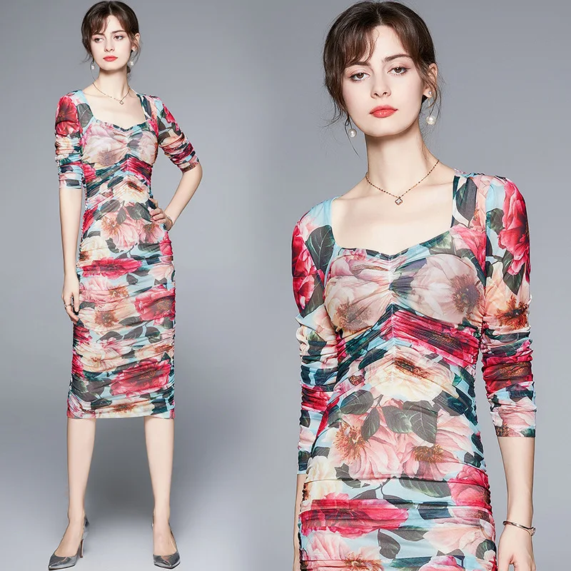

2022 Spring Women's Dress Bubble Sleeve Mesh Crimp Elastic Waist Bag Hip Print Catwalk Dress Slim Fit Commuter Party to Work