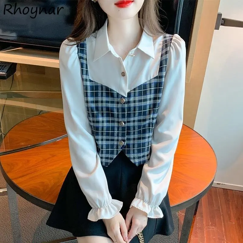 

Рубашки в стиле преппи, женские укороченные, имитация двух частей, Сращенные клетчатые, повседневные, соблазнительные, винтажные, элегантные, во французском стиле, шикарные рубашки, женская одежда