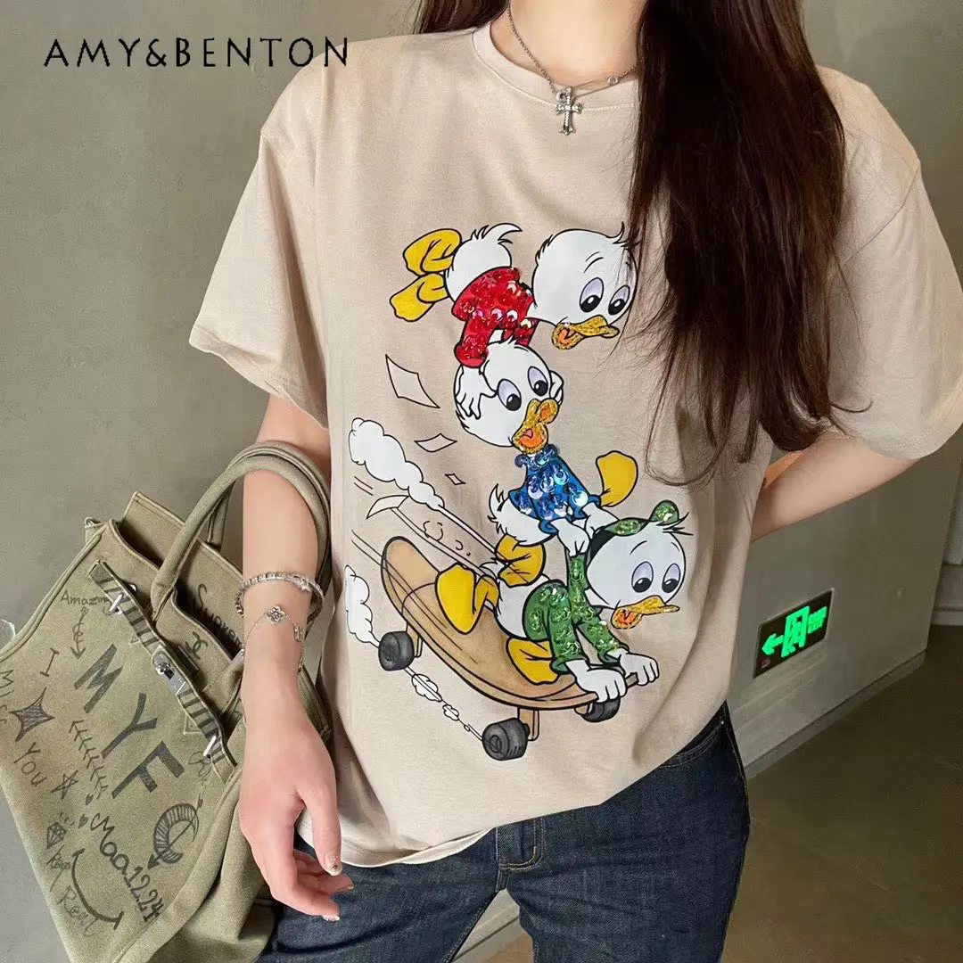 

Модная брендовая футболка с коротким рукавом и цветочным принтом из бисера, женская летняя Новинка, свободный крой, толстый топ с круглым вы...