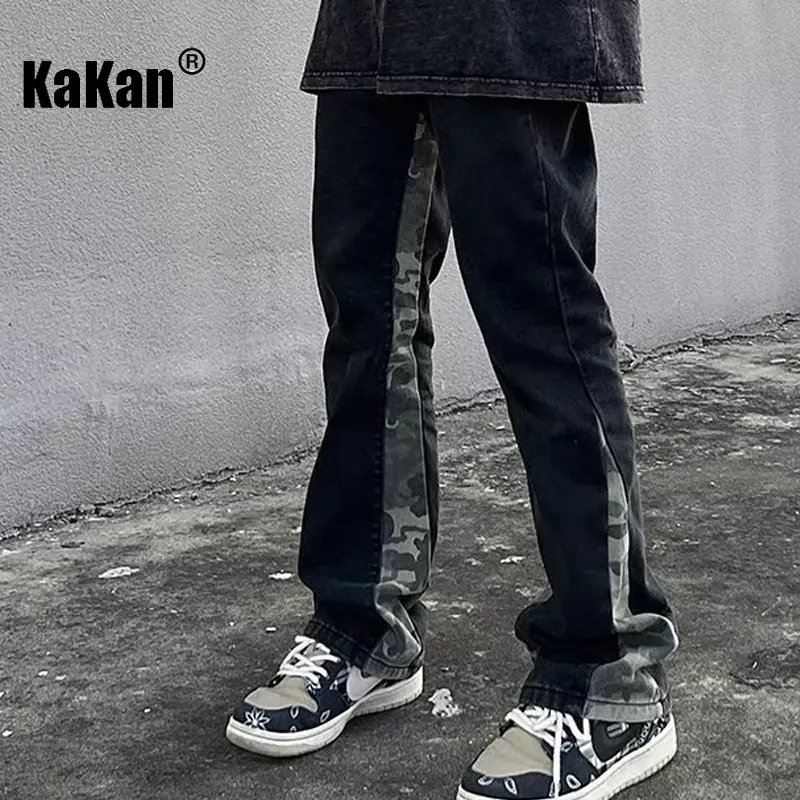 Kakan - New Washed Retro Camouflage Patchwork Jeans for Men, Black Design Feel Straight Tube Micro Flared Long Jeans K33-M004